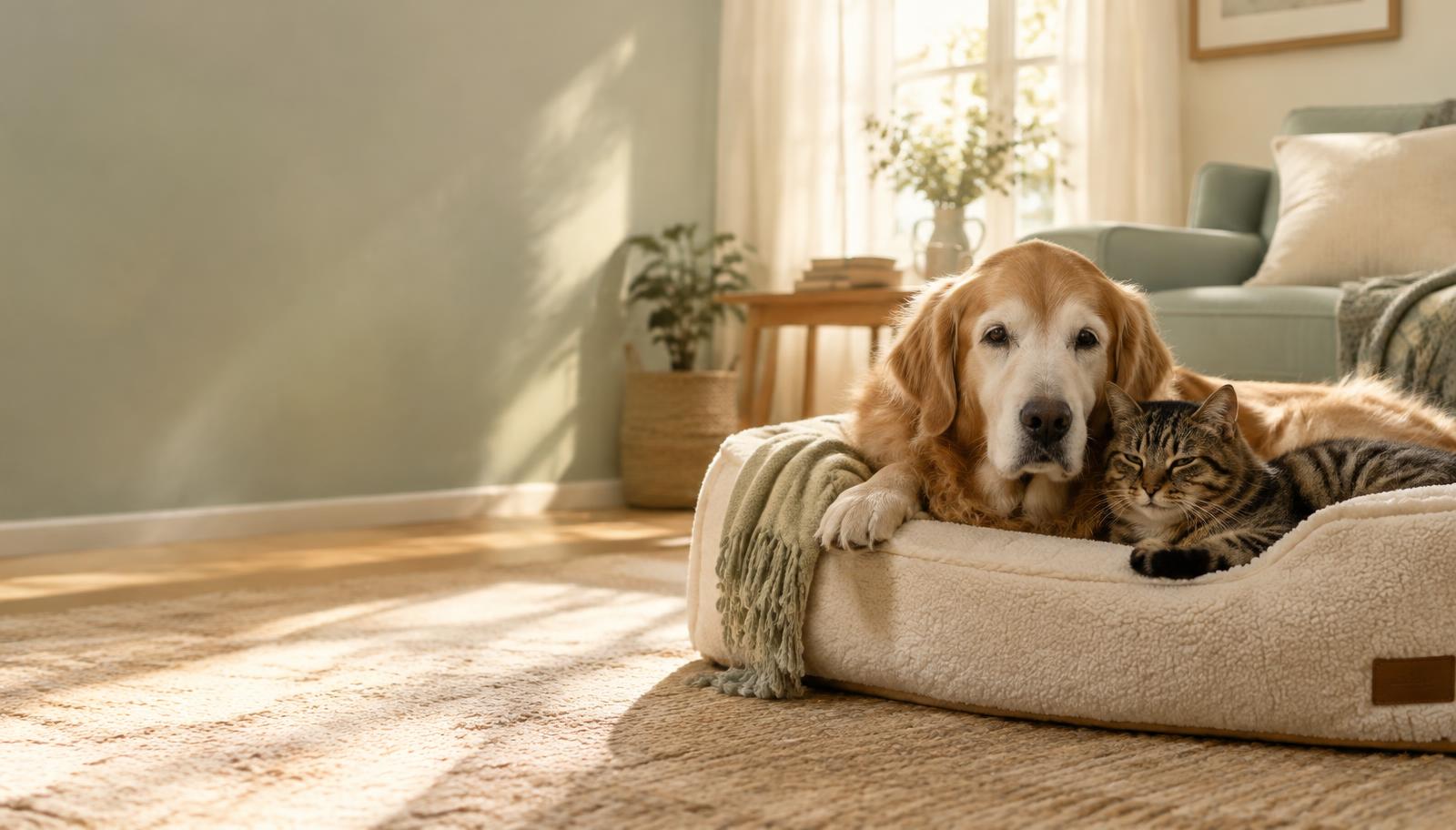A senior golden retriever and an old tabby cat resting on a cozy bed